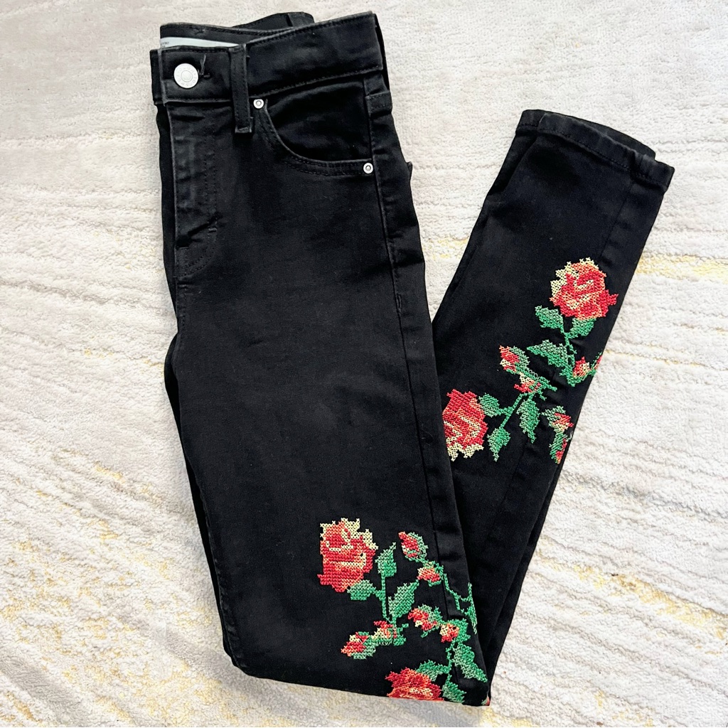 Top Shop Moto Jamie Black Floral Embroidered High Waist Stretch Jeans W 26